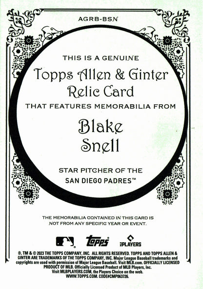 2023 Topps Allen & Ginter Relic Blake Snell #AGRB-BSN San Diego Padres