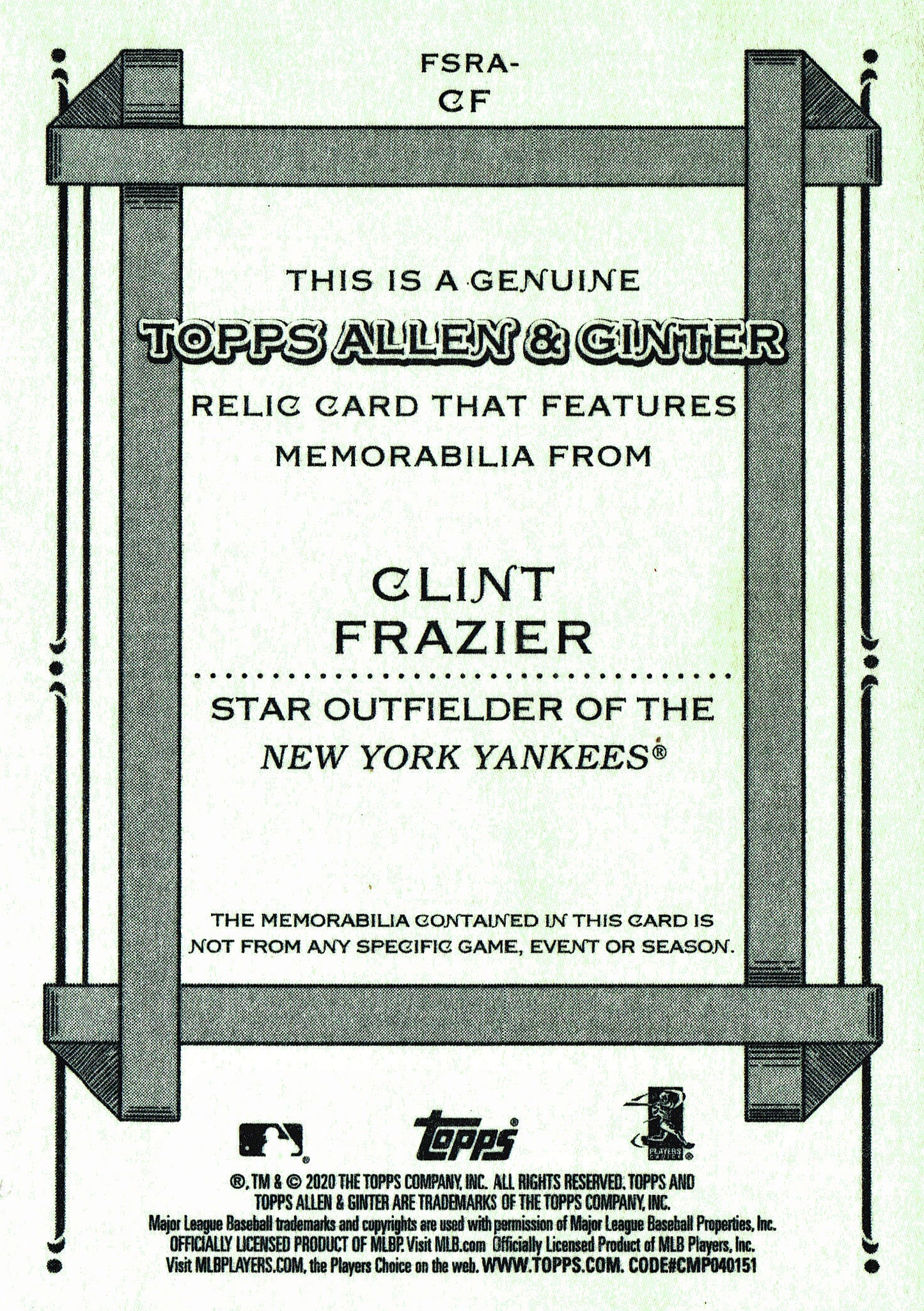 2020 Topps Allen & Ginter Relic Clint Frazier #FSRA-CF New York Yankees