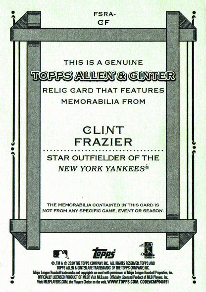 2020 Topps Allen & Ginter Relic Clint Frazier #FSRA-CF New York Yankees