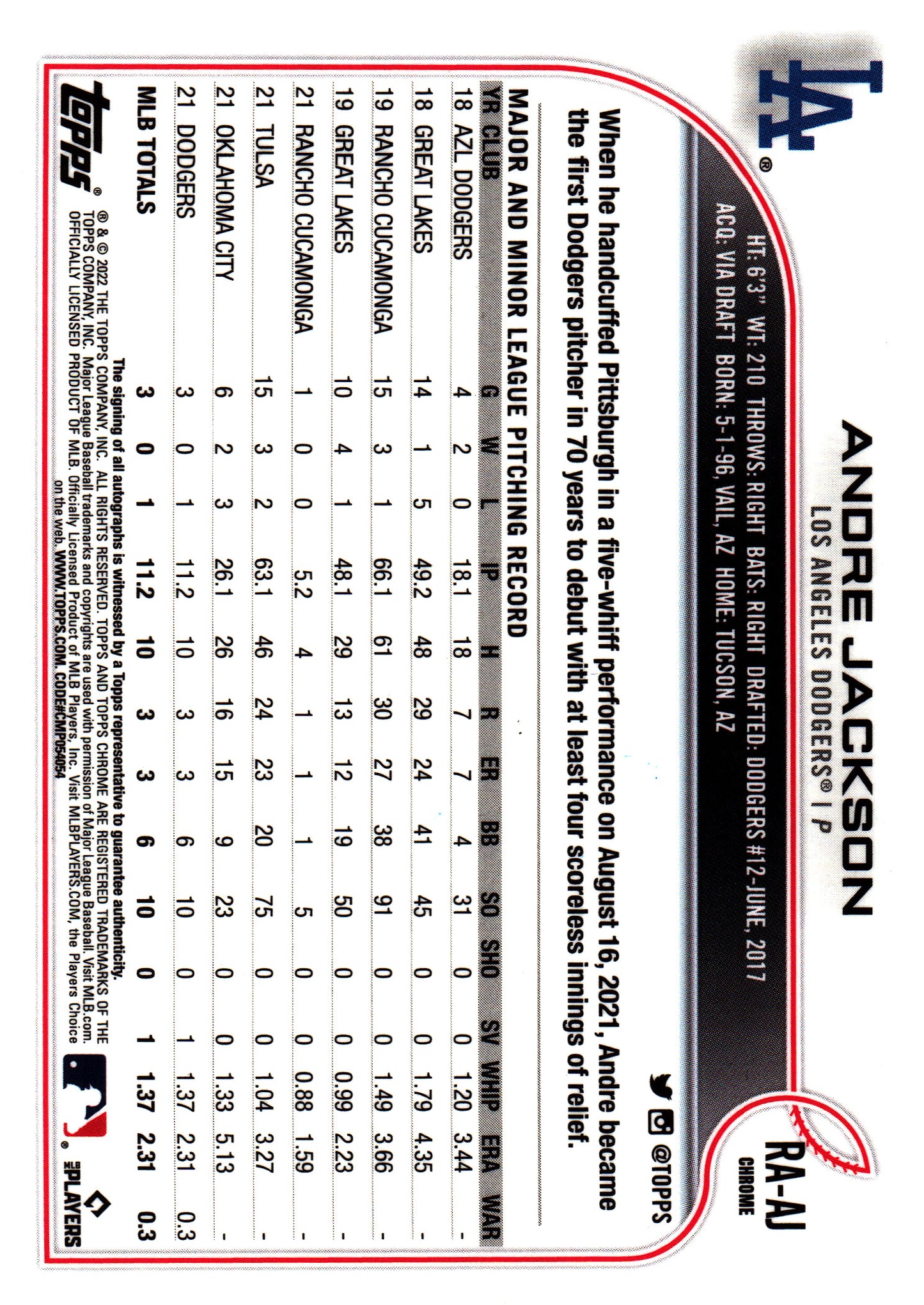 2022 Topps Chrome RC Autographs Andre Jackson #RC-AJ Los Angeles Dodgers