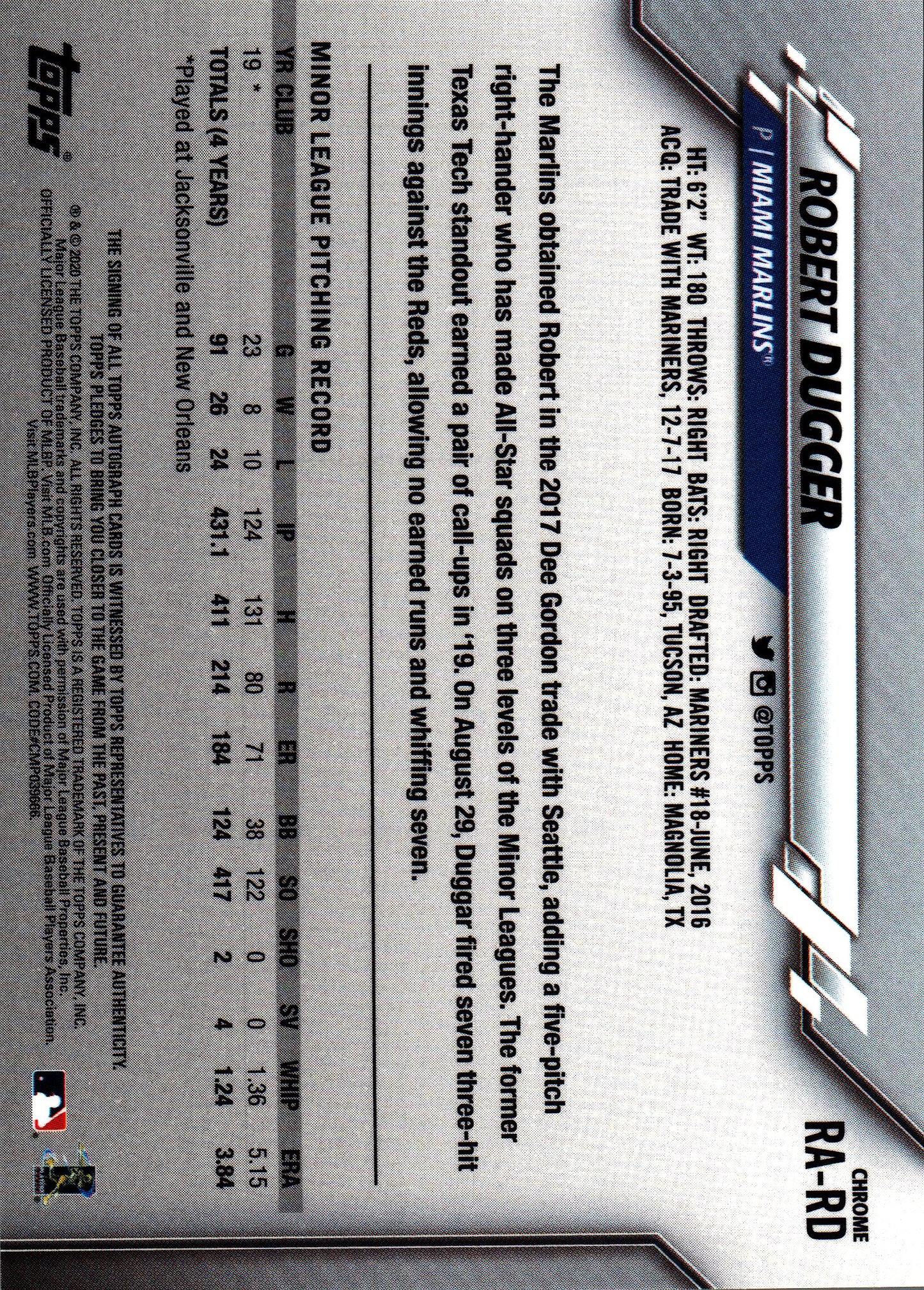 2020 Topps Chrome RC Autographs Robert Dugger #RA-RD Miami Marlins