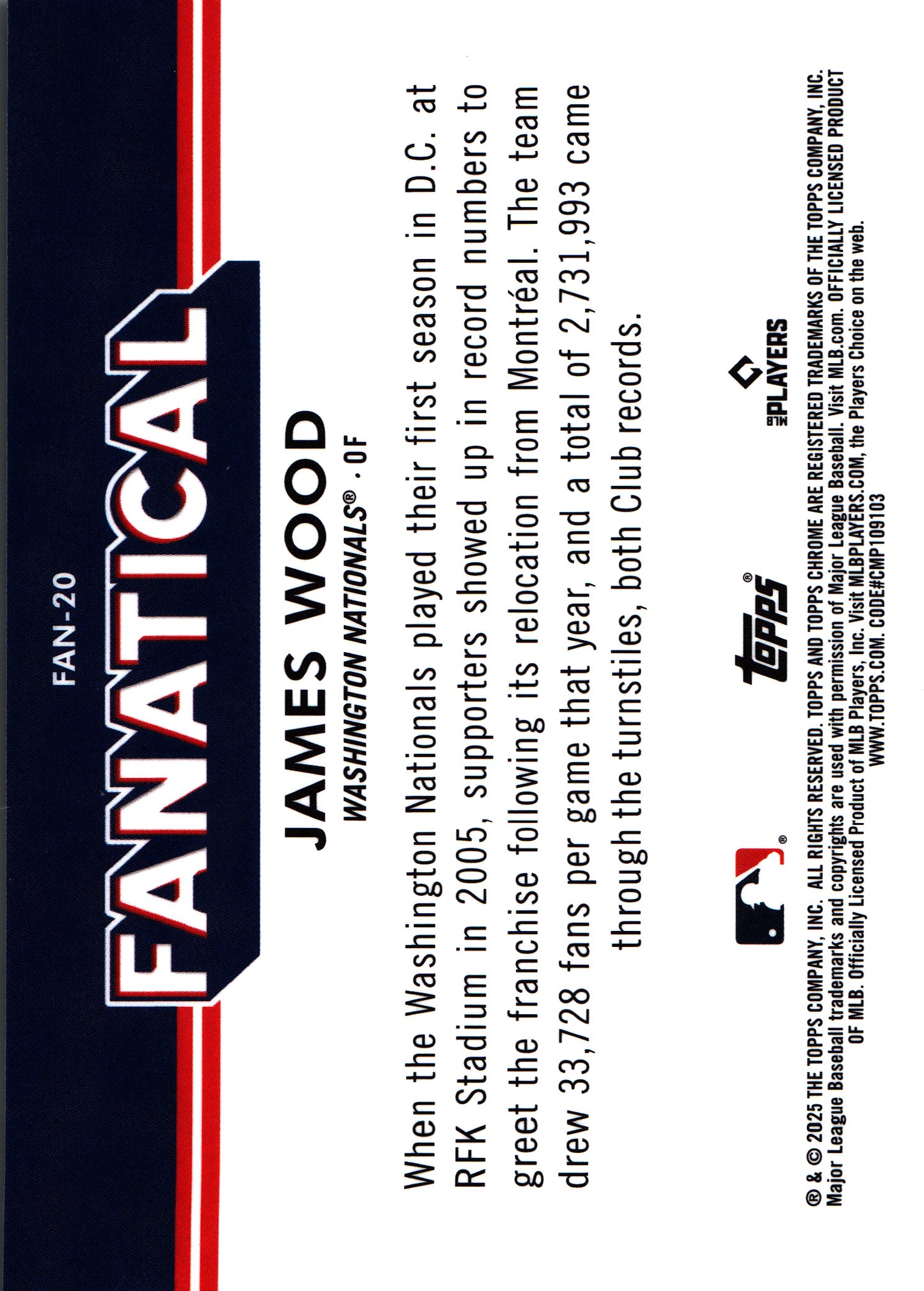 2025 Topps Chrome Fanatical RC James Wood #FAN-20 Washington Nationals