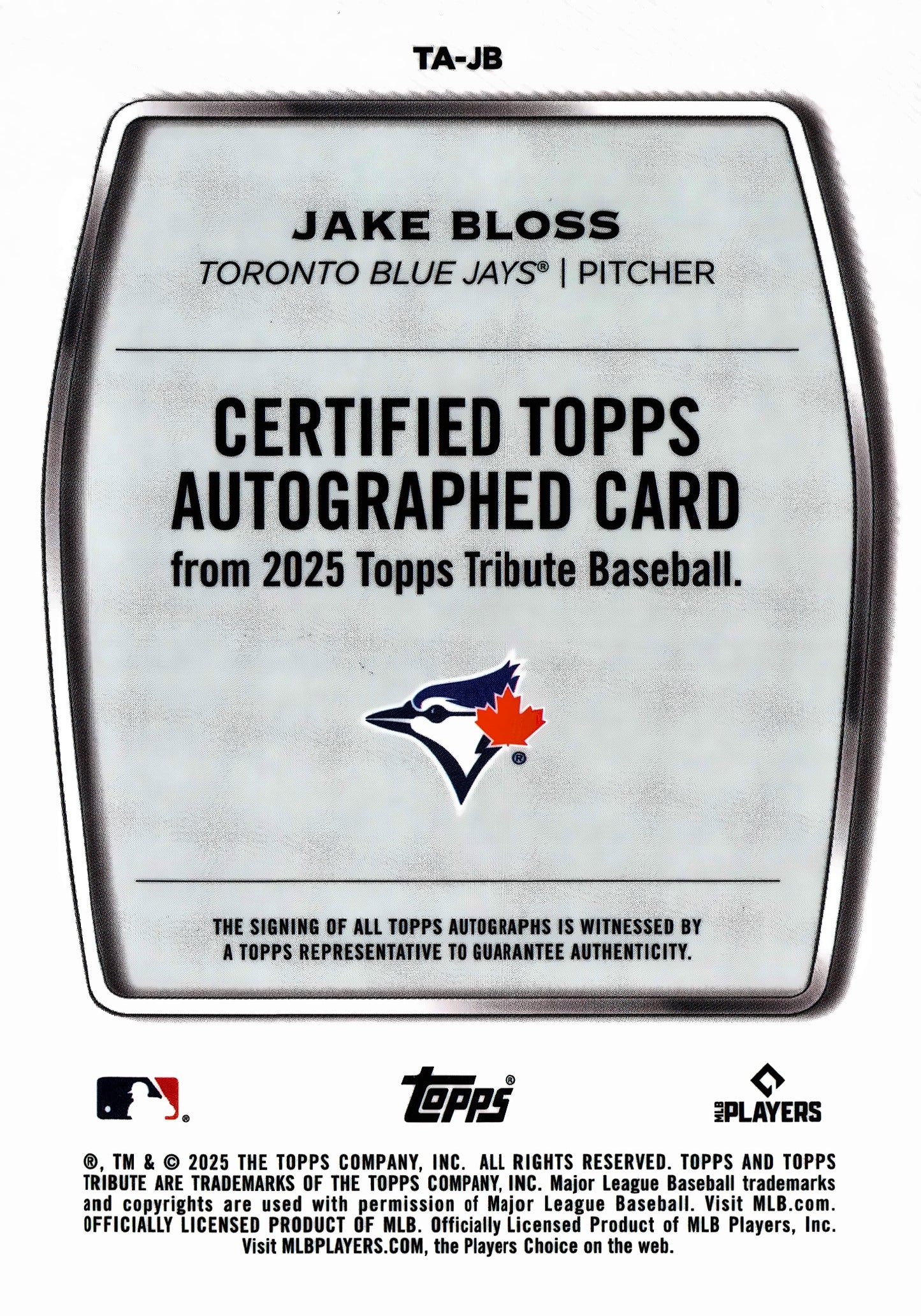 2025 Topps Tribute Autograph Jake Bloss /150 #TA-JB Toronto Blue Jays