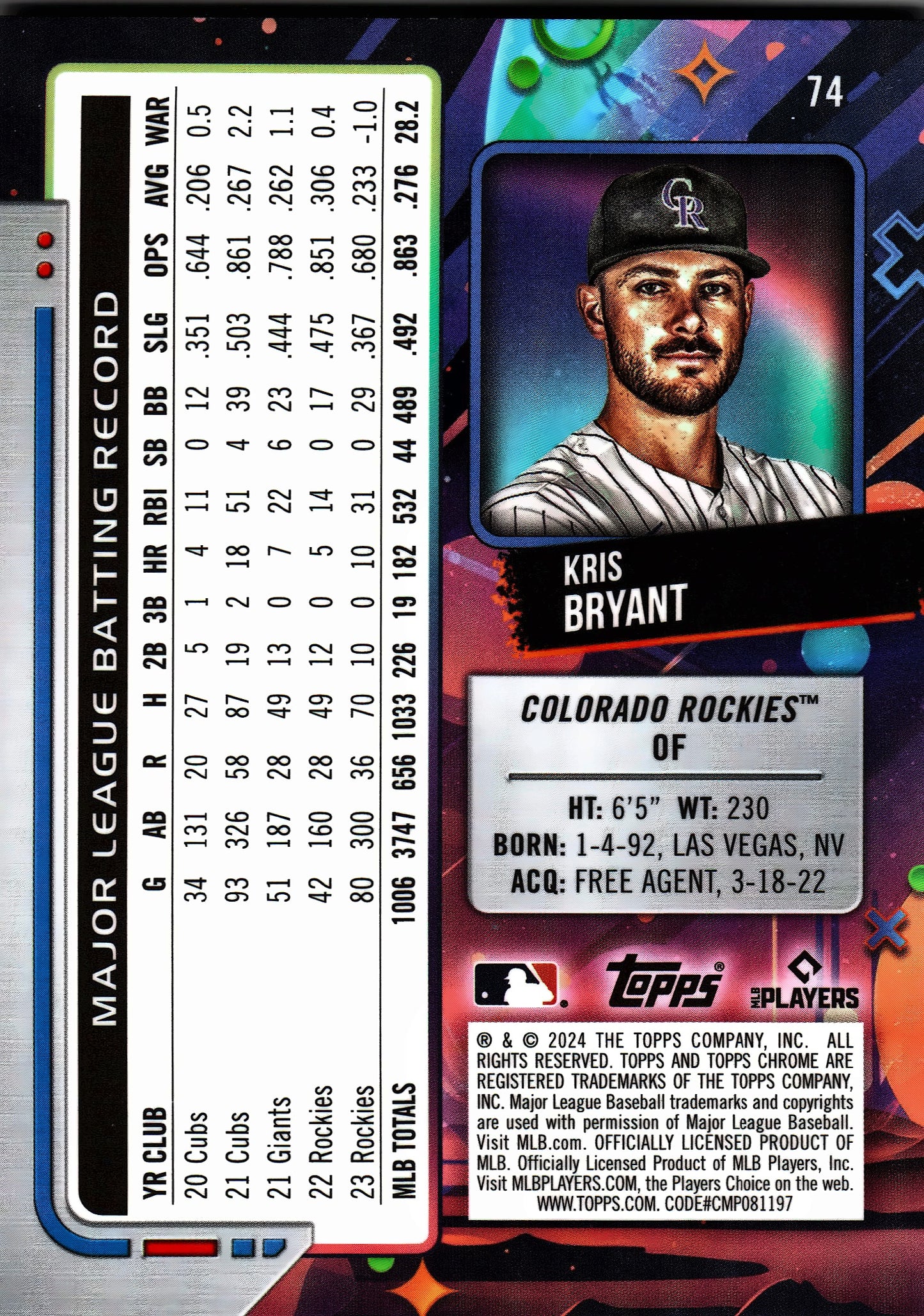 2024 Topps Chrome Cosmic Orange Galactic /25 Refractor Kris Bryant #74 Colorado Rockies
