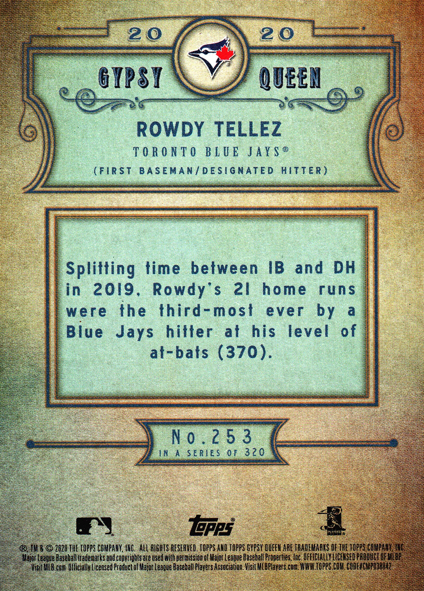 2020 Topps Gypsy Queen ERROR Card miss name Rowdy Tellez #253 Toronto Blue Jays