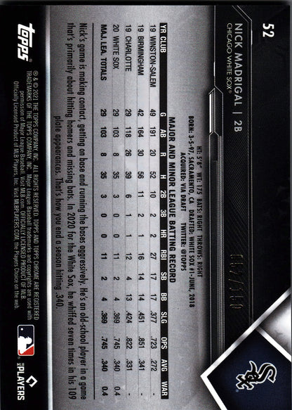 2021 Topps Chrome Black Purple Nick Madrigal /150 #52 Chicago White Sox