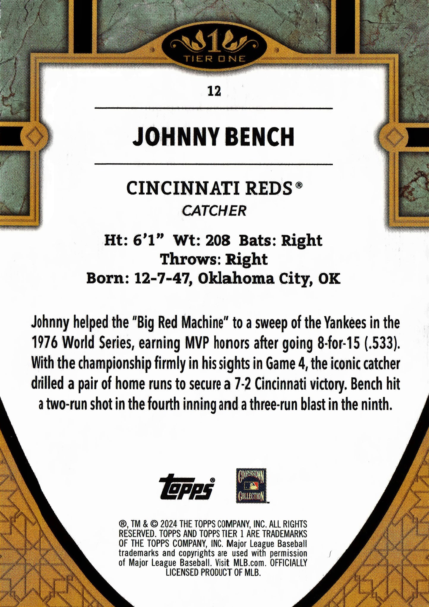 2024 Topps Tier One Johnny Bench #12 Cincinnati Reds