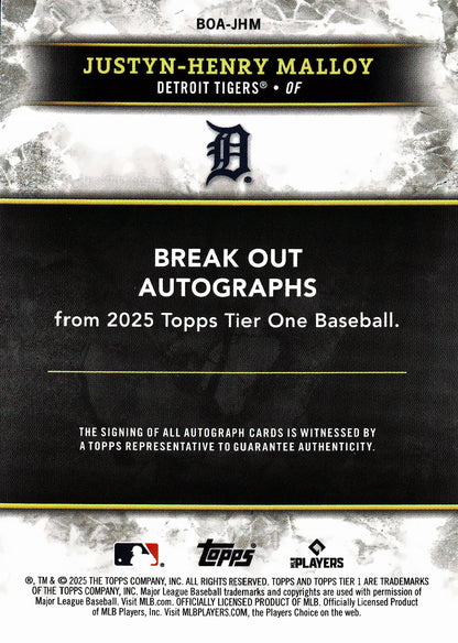 2025 Topps Tier One Break Out Autographs Justyn-Henry Malloy #BOA-JHM Detroit Tigers