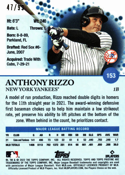 2022 Topps Pristine Purple Anthony Rizzo /99 #153 New York Yankees