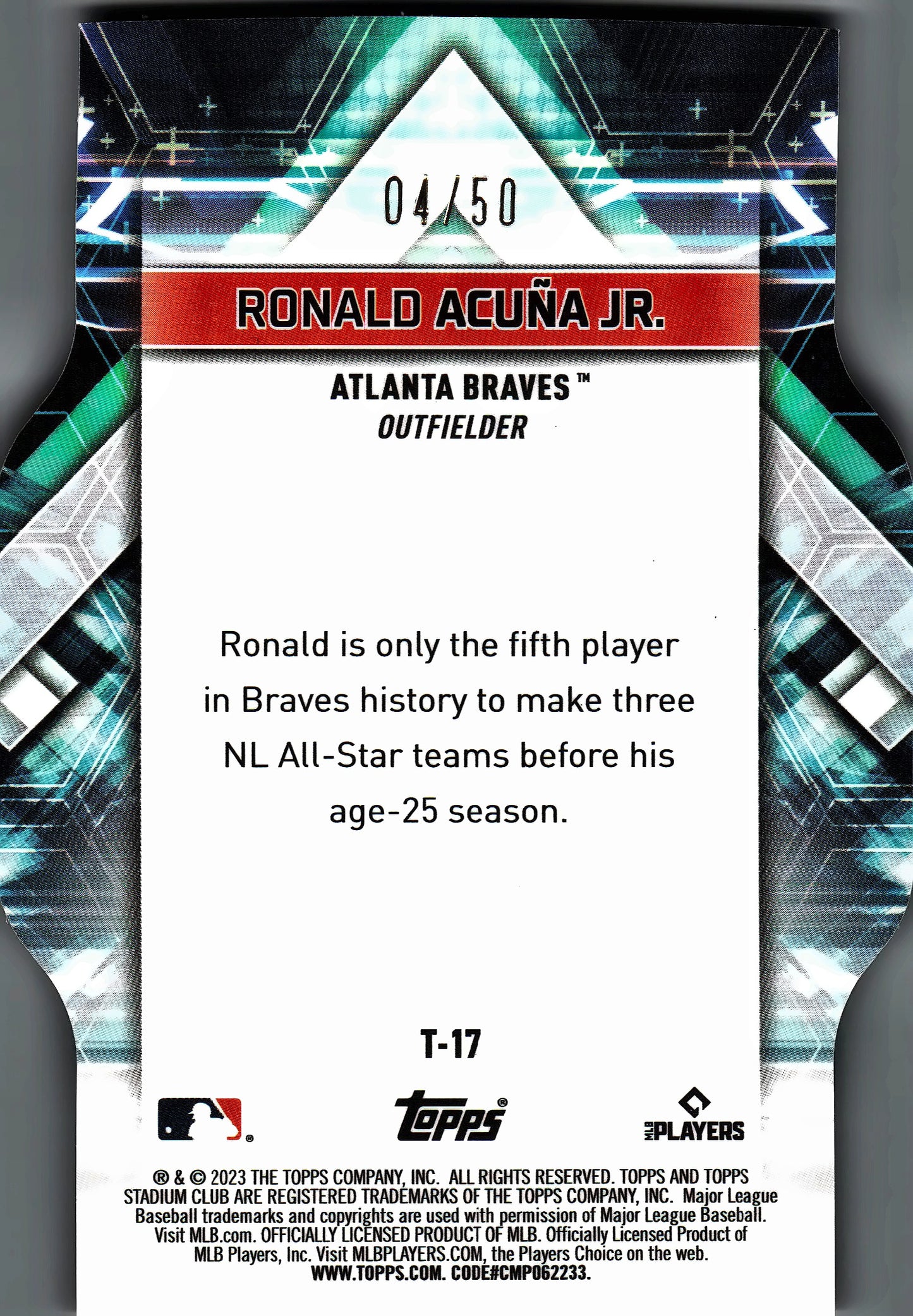 2023 Topps Stadium Club Triumvirates Orange Ronald Acuña Jr. /50 #T-17 Atlanta Braves