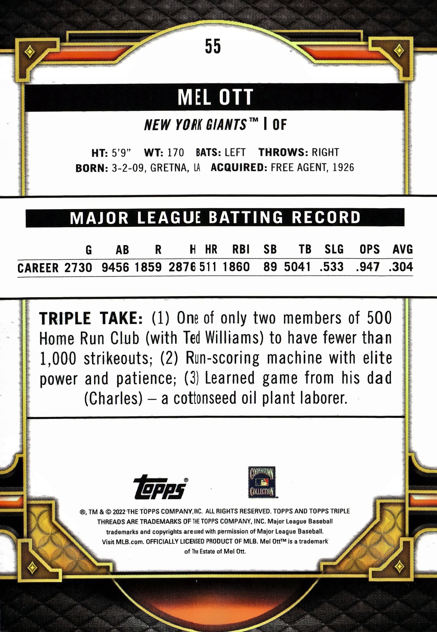 2022 Topps Threads Pink Mel Ott /125 #55 San Francisco Giants