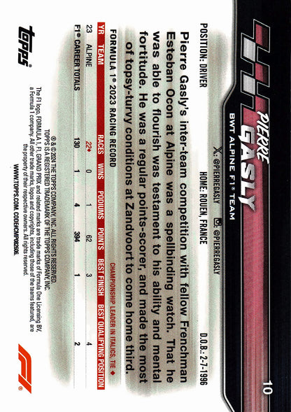 2024 Topps Paddock Pass Formula 1 Black and White Foil Pierre Gasly VAR #10A Alpine