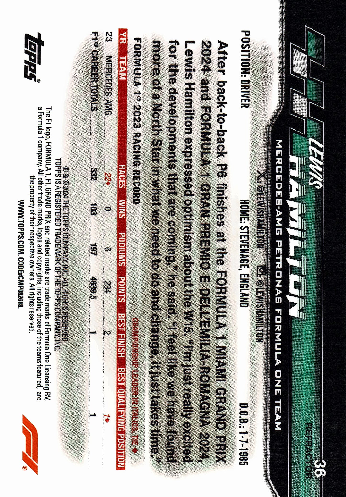 2024 Topps Paddock Pass Formula 1 Chrome Refractor Lewis Hamilton F1C #36 Mercedes-AMG