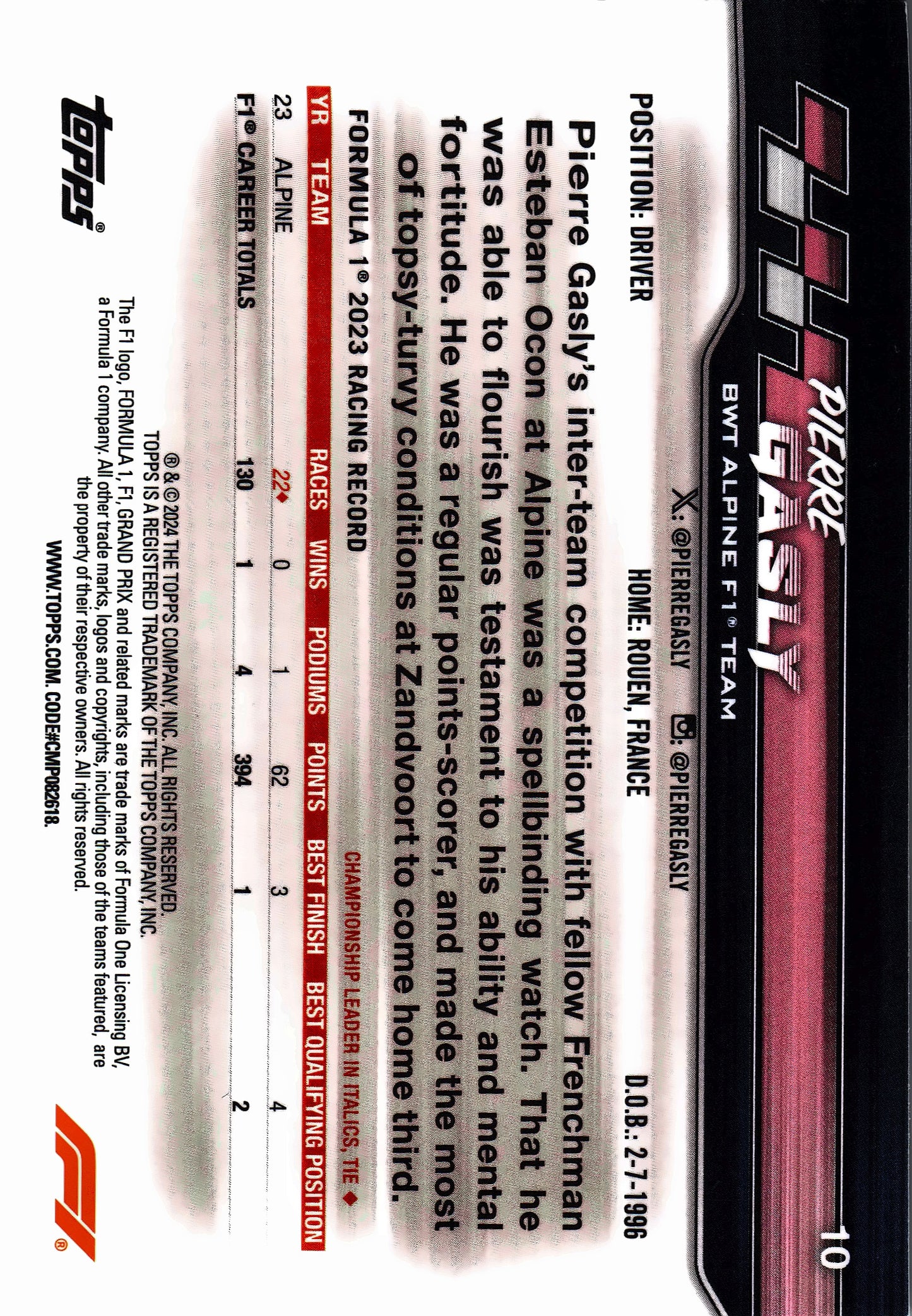 2024 Topps Paddock Pass Formula 1 Chrome Pierre Gasly VAR #10a Alpine