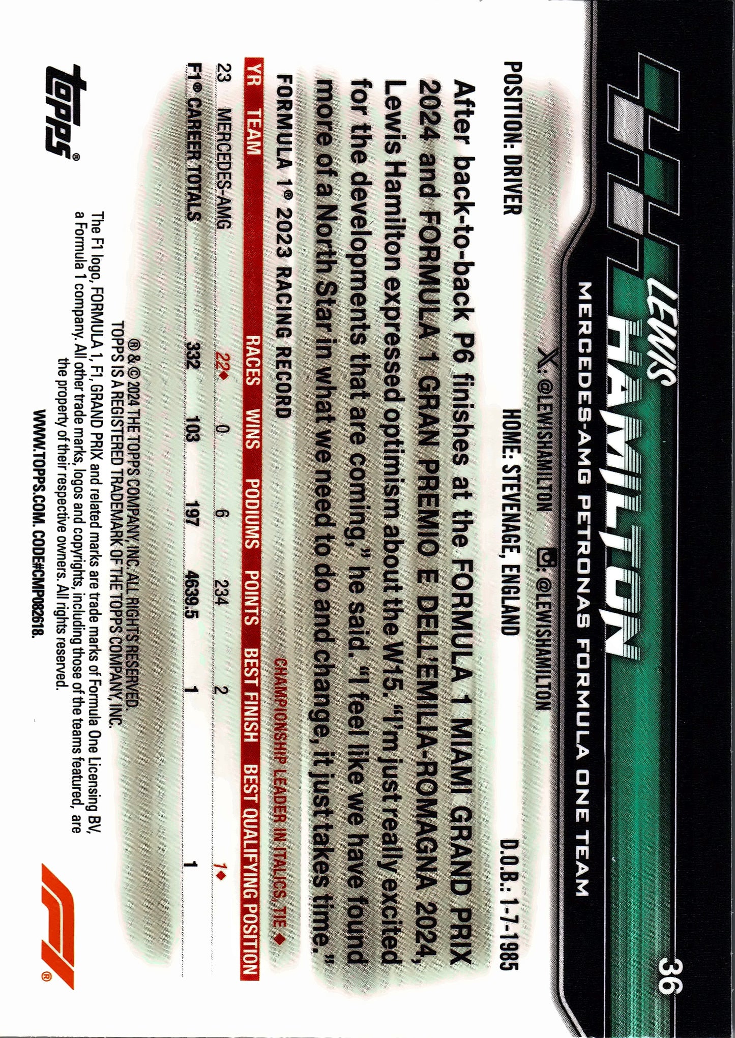 2024 Topps Paddock Pass Formula 1 Chrome Lewis Hamilton F1C #36 Mercedes-AMG