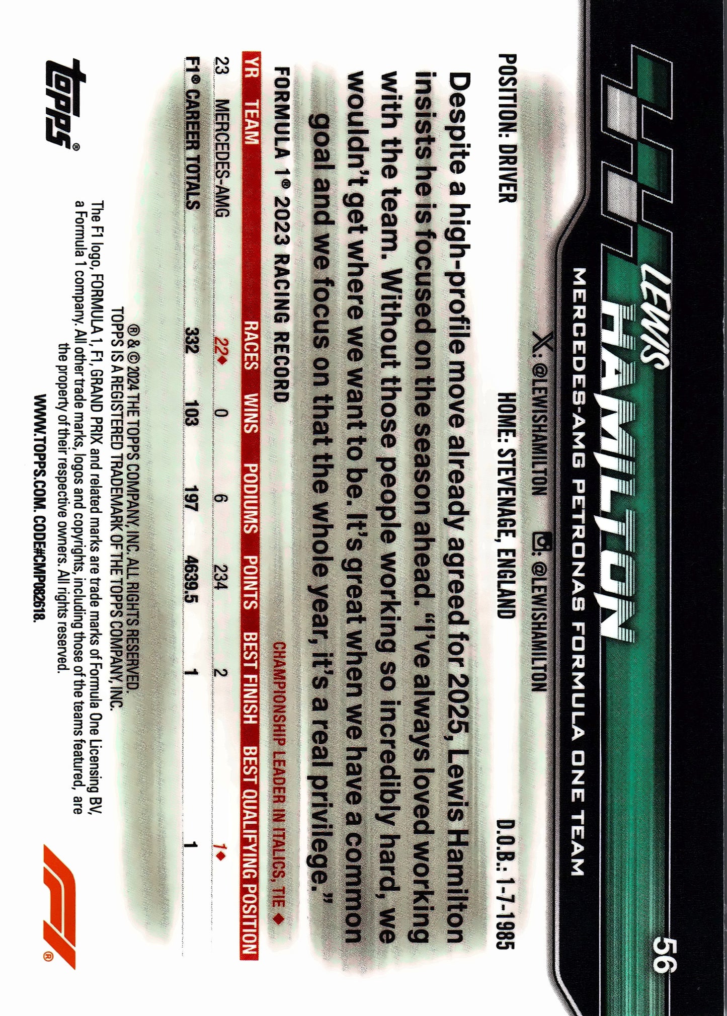 2024 Topps Paddock Pass Formula 1 Chrome Lewis Hamilton #56 Mercedes-AMG