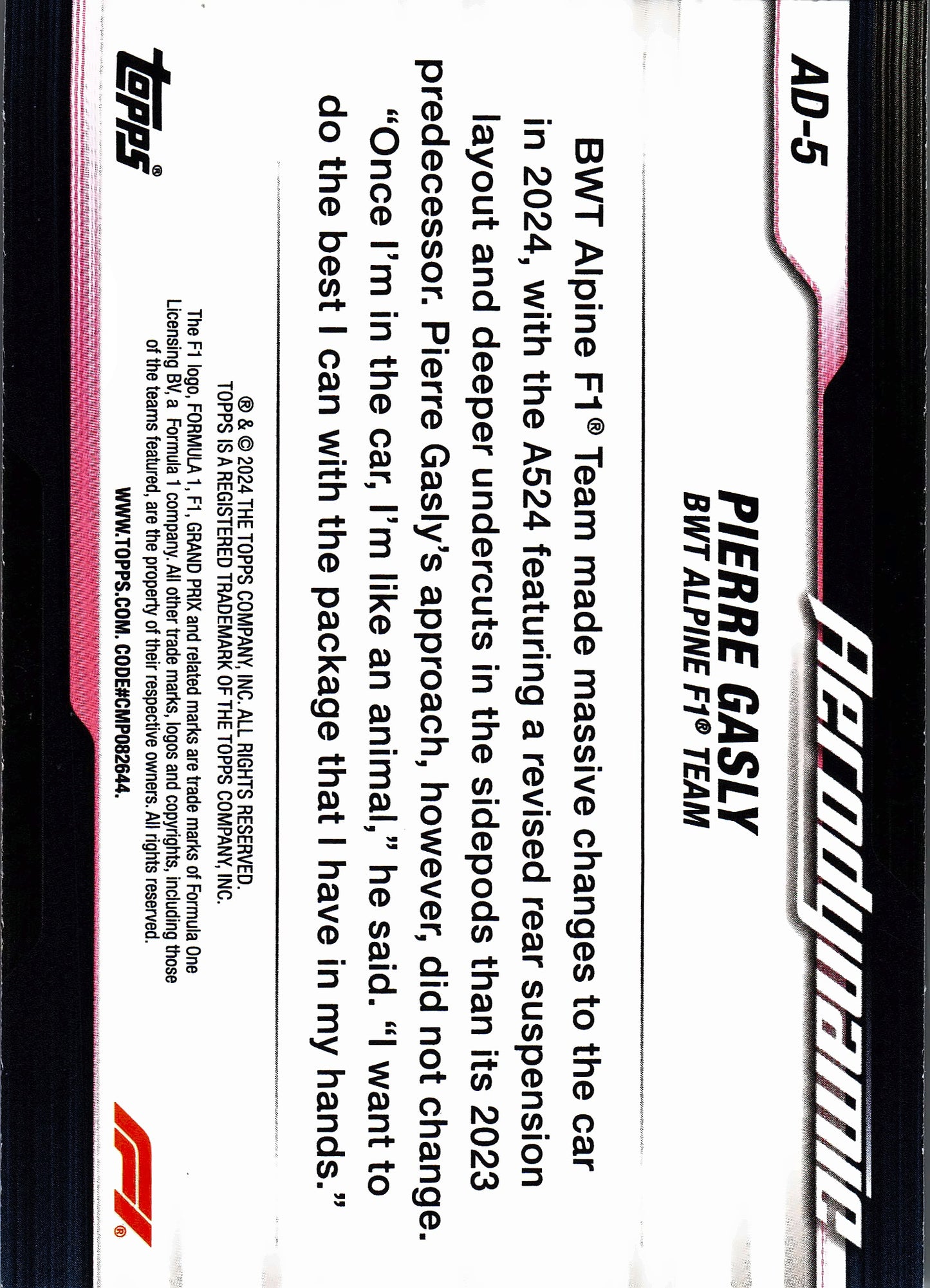 2024 Topps Paddock Pass Formula 1 Aerodynamic Pierre Gasly #AD-5 Alpine