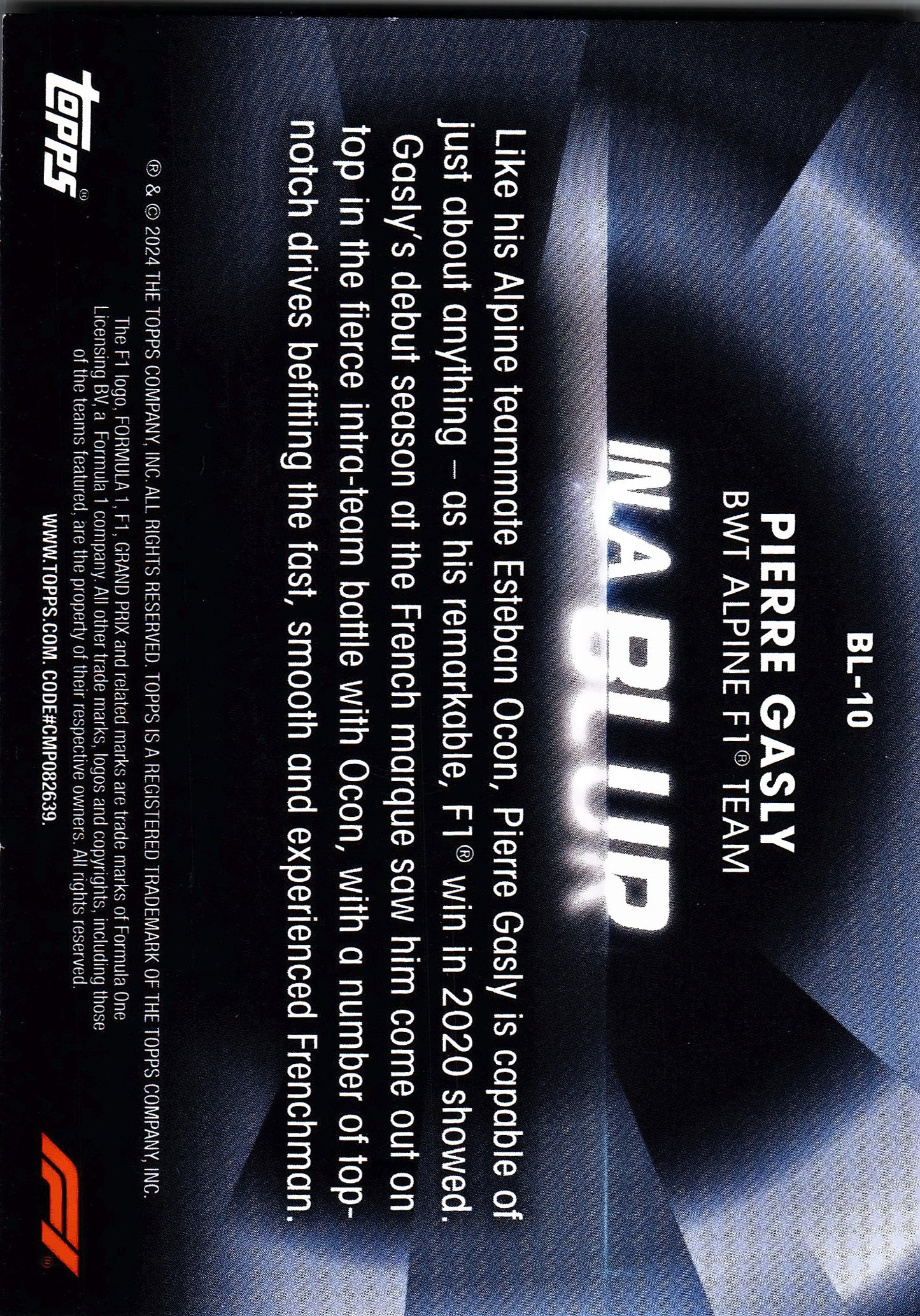 2024 Topps Paddock Pass Formula 1 In A Blur Pierre Gasly #BL-10 Alpine F1