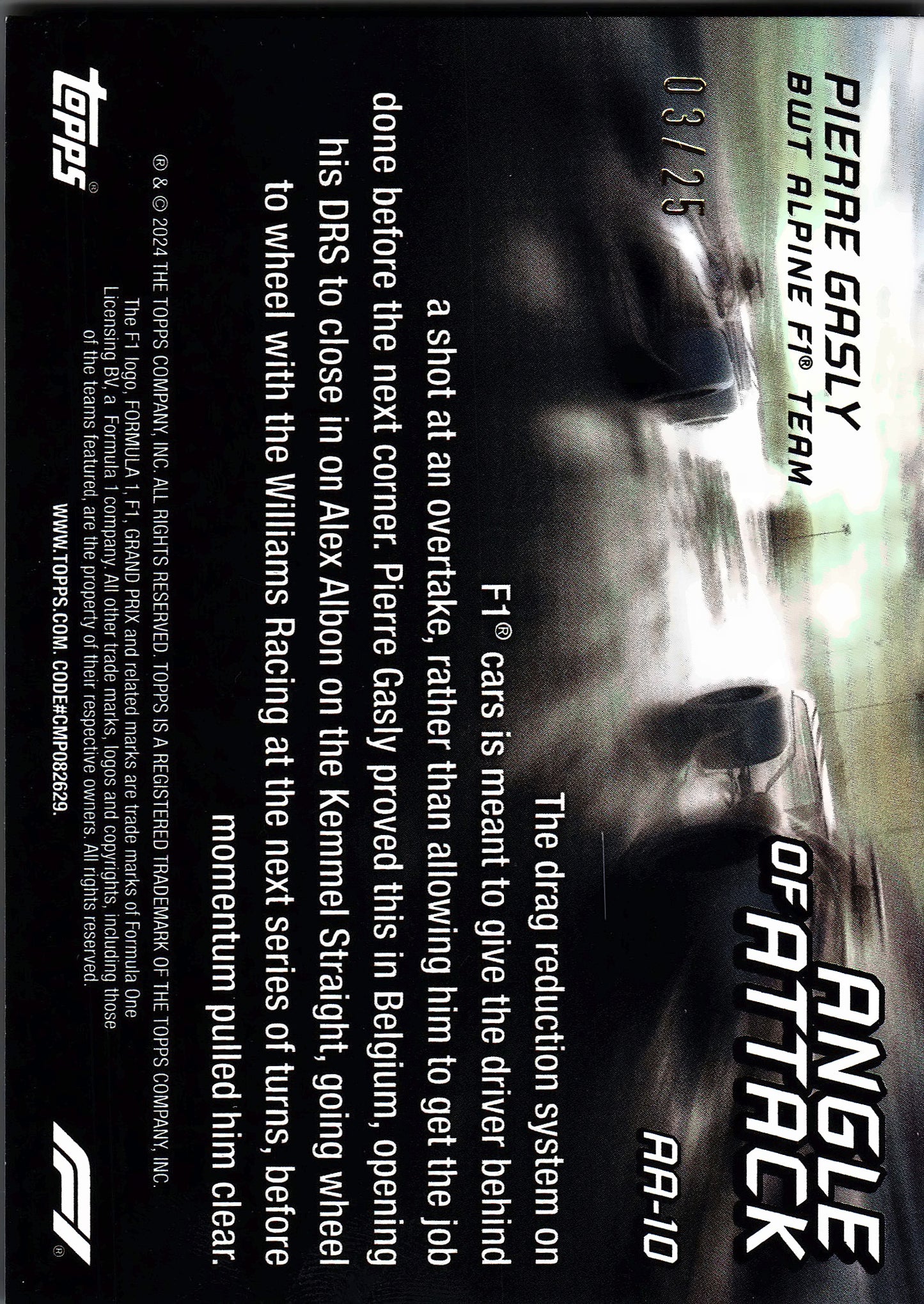 2024 Topps Paddock Pass Formula 1 Angle Of Attack Black Pierre Gasly /25 #AA-10 Alpine