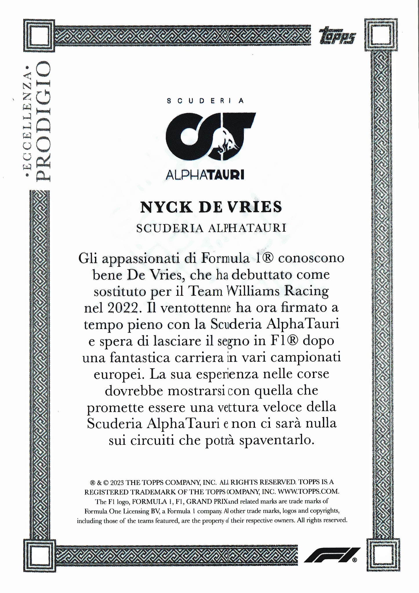 2023 Topps Eccellenza Formula 1 Prodigio Blue /75 Nyck de Vries RC AlphaTauri