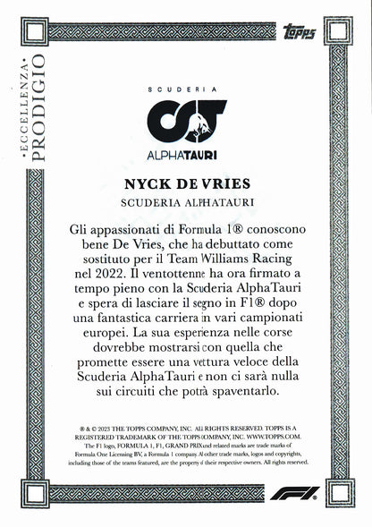 2023 Topps Eccellenza Formula 1 Prodigio Blue /75 Nyck de Vries RC AlphaTauri