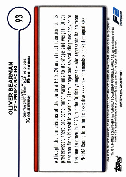 2024 Topps Chrome Formula 1 Logofractor Green Oliver Bearman /99 RC #93 Prema