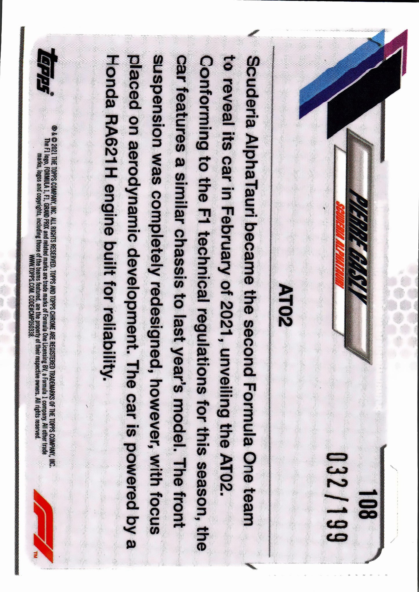 2021 Topps Chrome Sapphire Formula 1 Pierre Gasly Chartreuse /199 #108 AlphaTauri