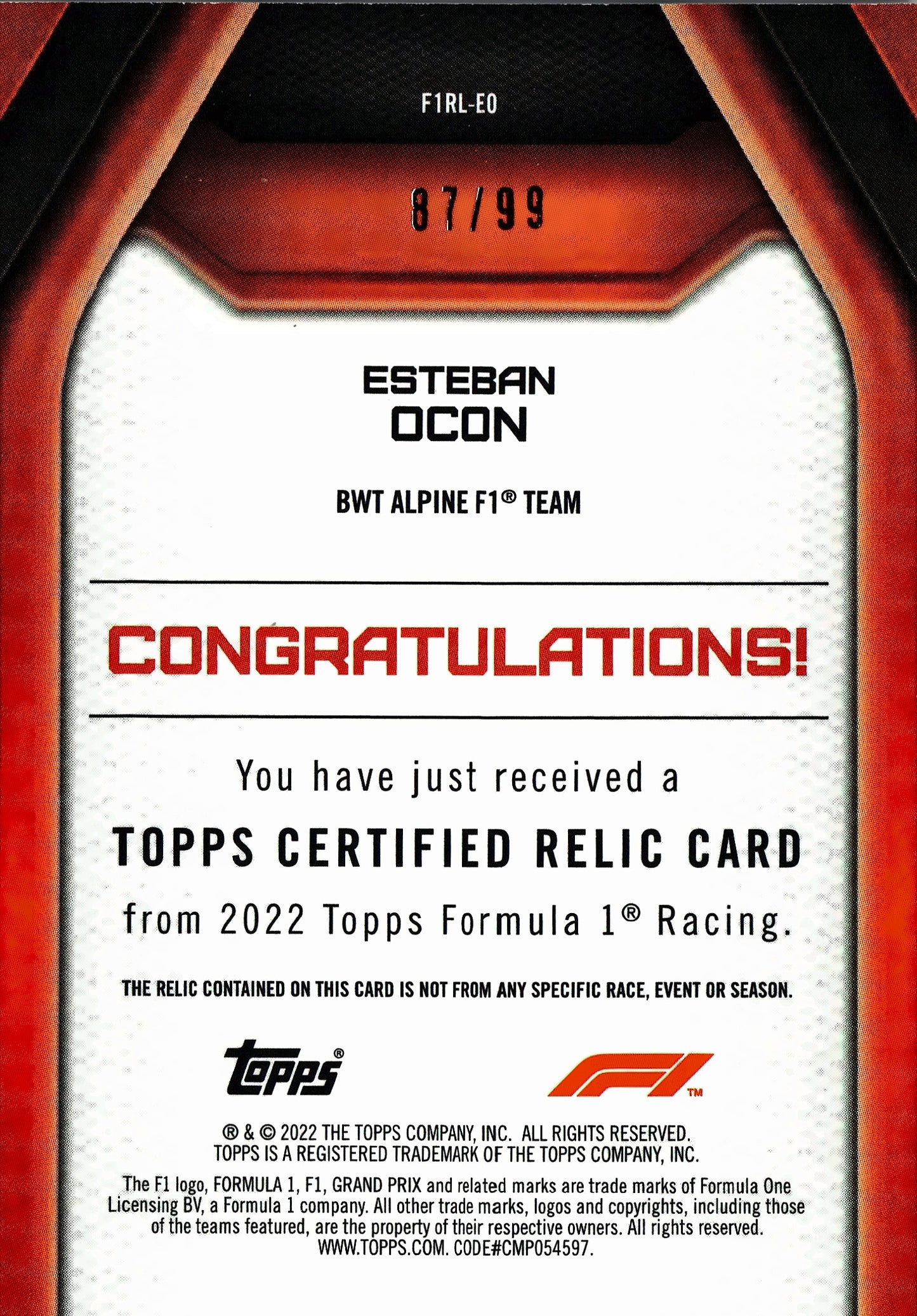2022 Topps Formula 1 Relic Blue /99 Esteban Ocon #F1RL-EO Alpine