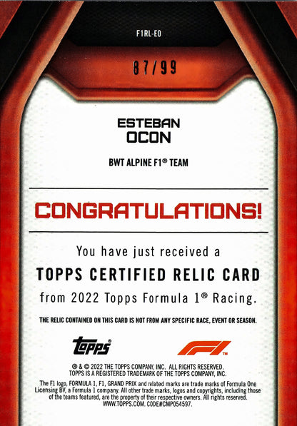 2022 Topps Formula 1 Relic Blue /99 Esteban Ocon #F1RL-EO Alpine