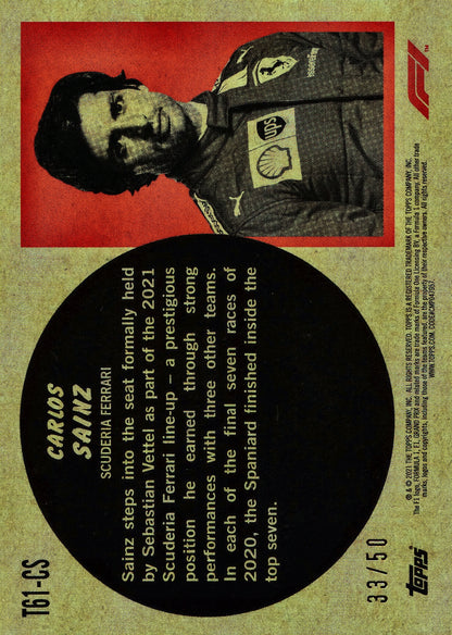 2021 Topps Formula 1 1961 Car Carlos Sainz Gold /50 #T61-CS Scuderia Ferrari