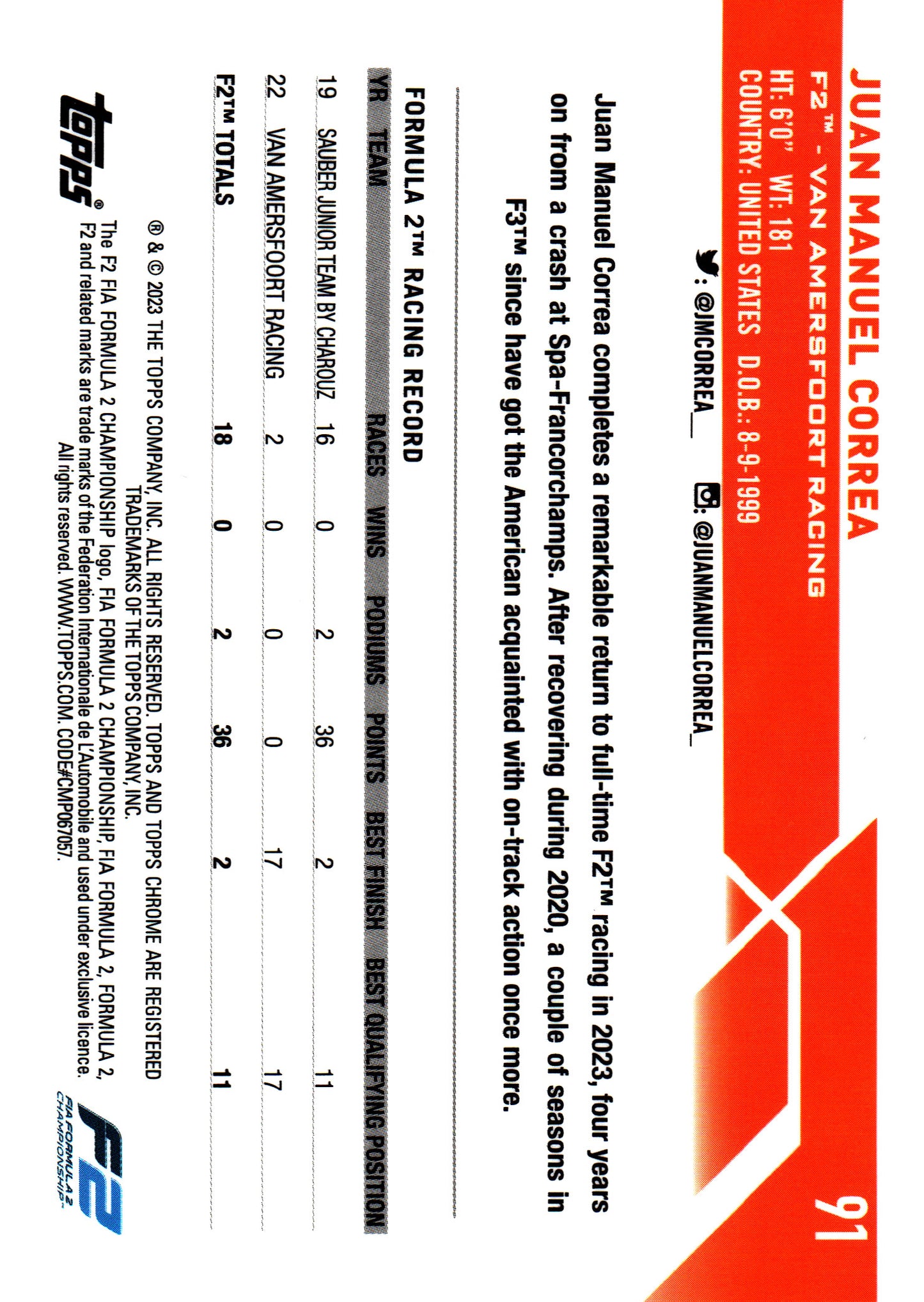 2023 Topps Chrome Formula 1 Orange Wave /25 Juan Manuel Correa #91 Van Amersfoort