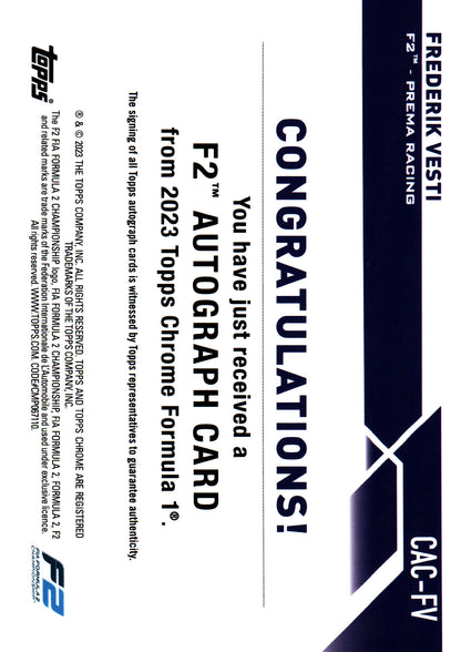 2023 Topps Chrome Formula 1 Autograph Frederik Vesti #CAC-FV Prema