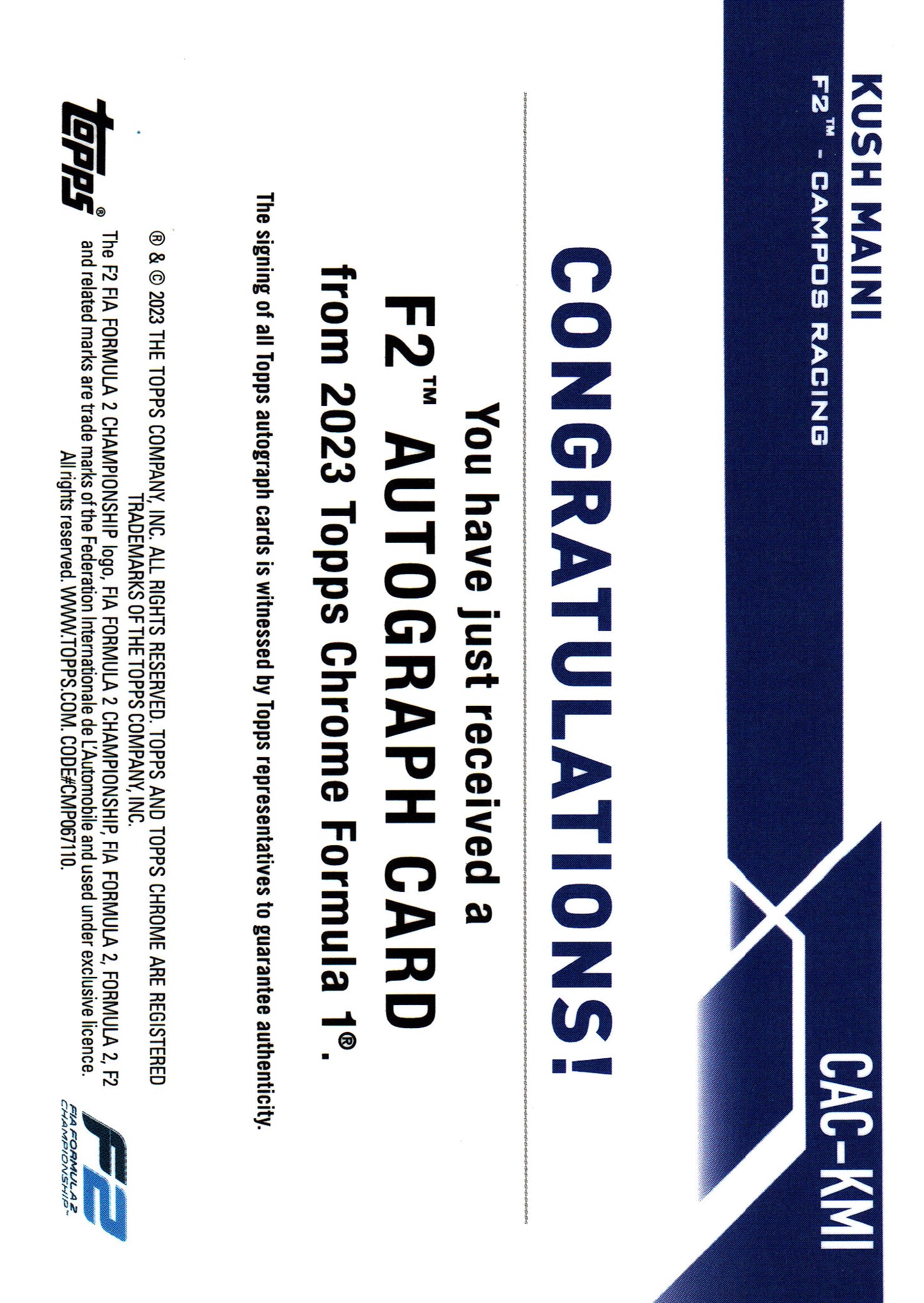 2023 Topps Chrome Formula 1 Green /99 Autograph Kush Maini #CAC-KMI Campos