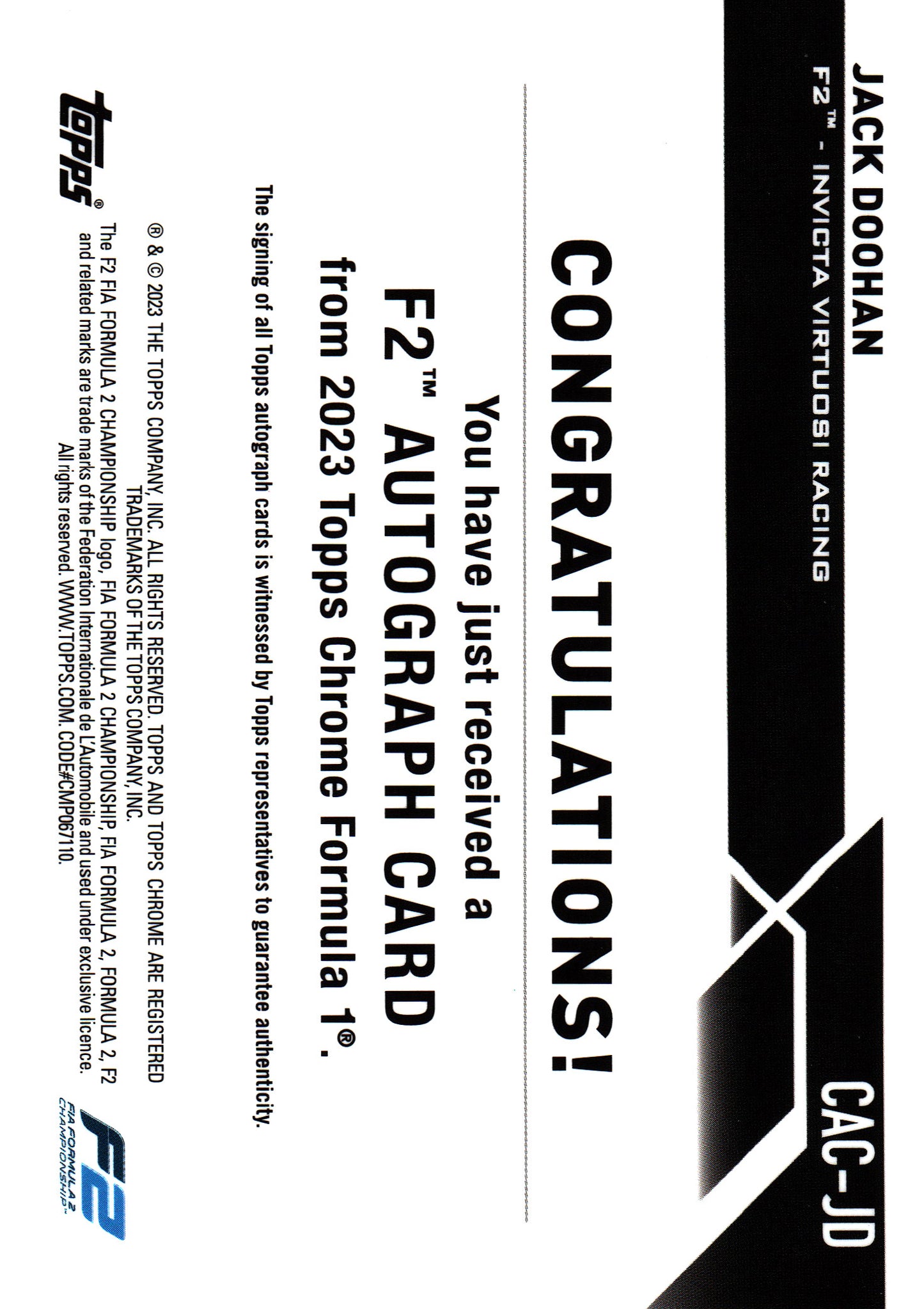 2023 Topps Chrome Formula 1 Green /99 Autograph Jack Doohan #CAC-JD Invicta