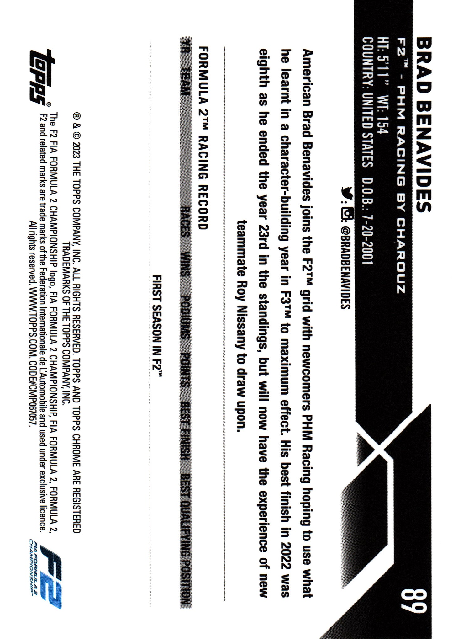 2023 Topps Chrome Formula 1 Purple /399 Brad Benavides #89 PHM