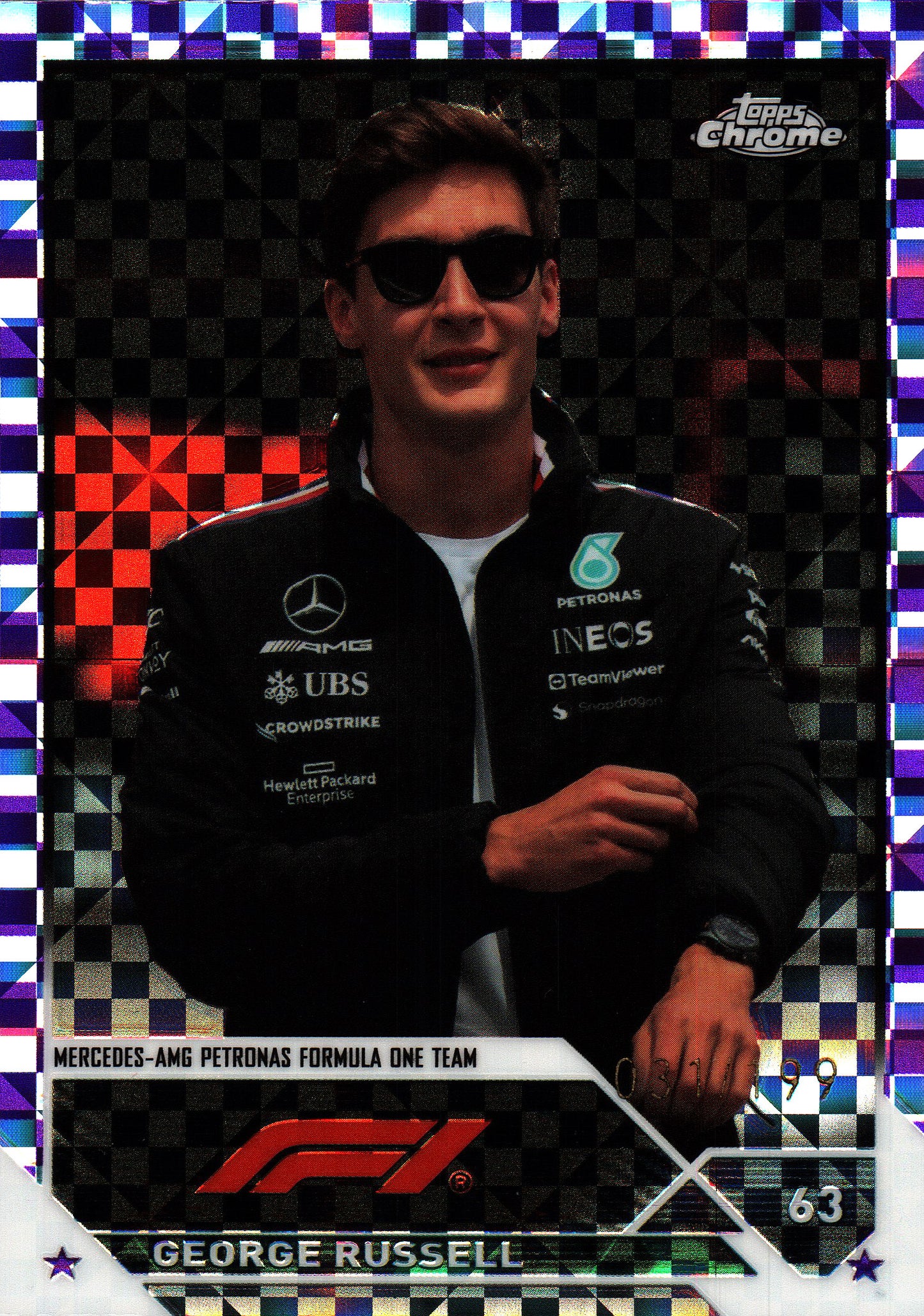 2023 Topps Chrome Formula 1 Purple Checker Flag /199 George Russell #14 Mercedes