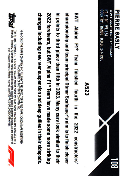 2023 Topps Chrome Sapphire Aqua /99 Pierre Gasly #108 Alpine