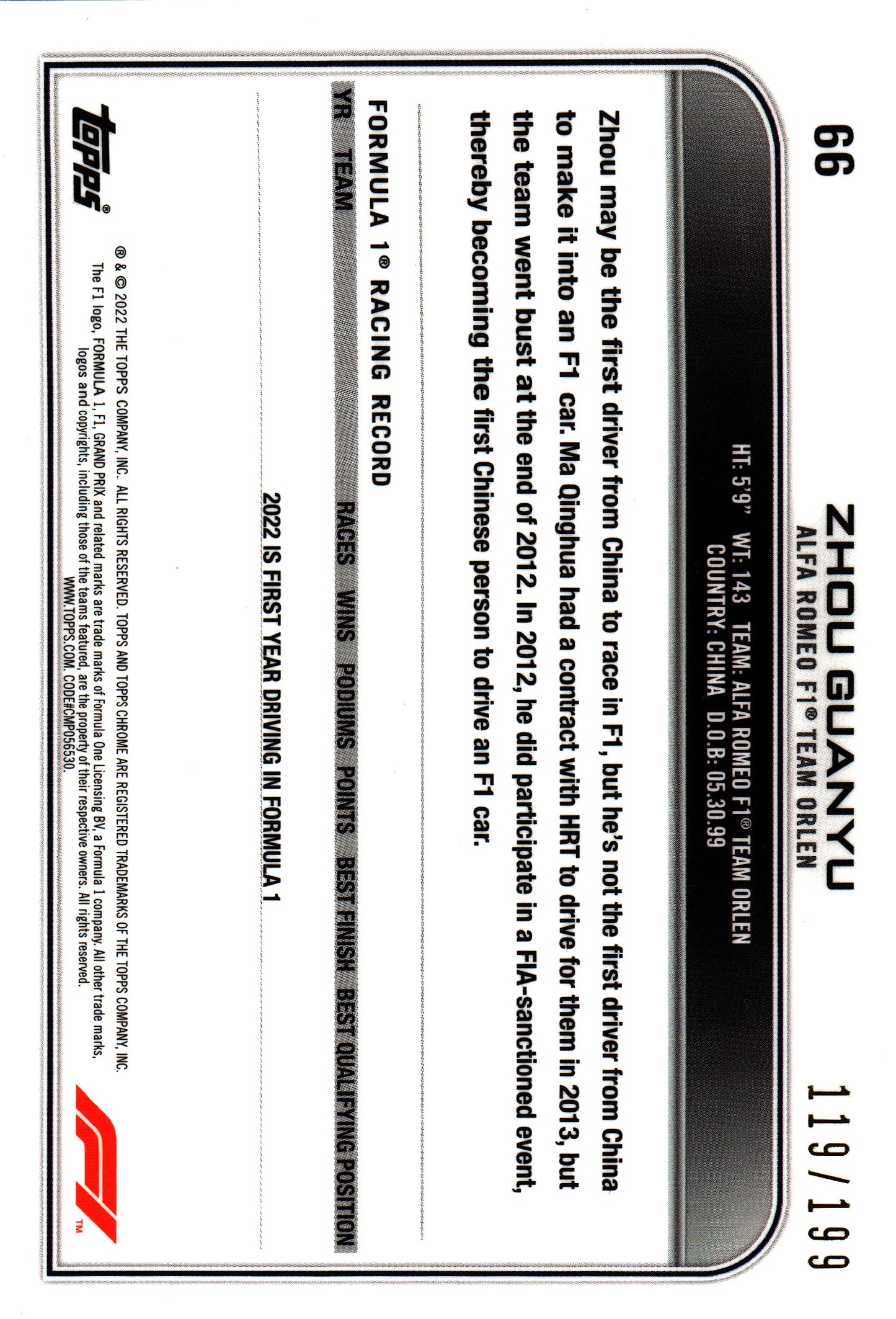 2022 Topps Chrome Sapphire Chartreuse /199 Guanyu Zhou RC #66 Alfa Romeo