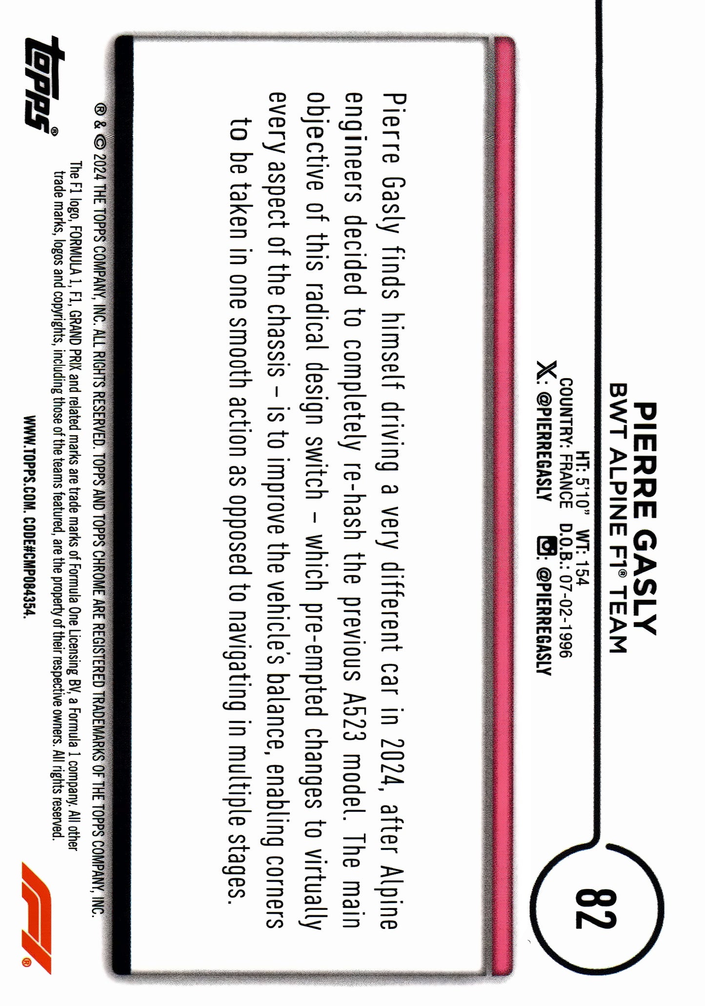 2024 Topps Chrome Sapphire Formula 1 Aqua /99 Pierre Gasly #82 Alpine