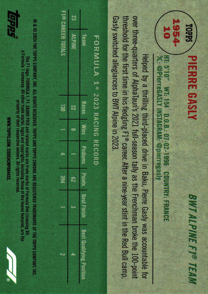 2024 Topps Chrome Sapphire Formula 1 Gold /50 1954 Topps Pierre Gasly #1954-10 Alpine