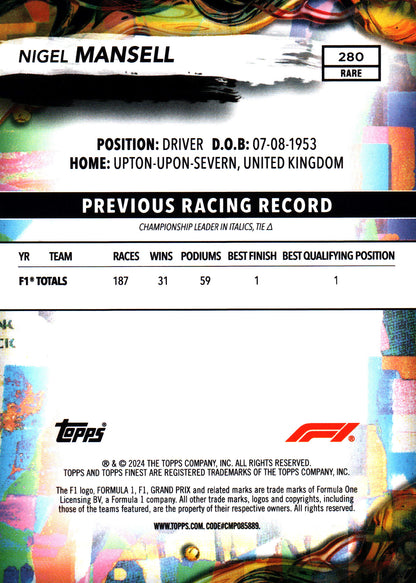 2024 Topps Finest Formula 1 Rare Blue /99 Nigel Mansell #280 Williams