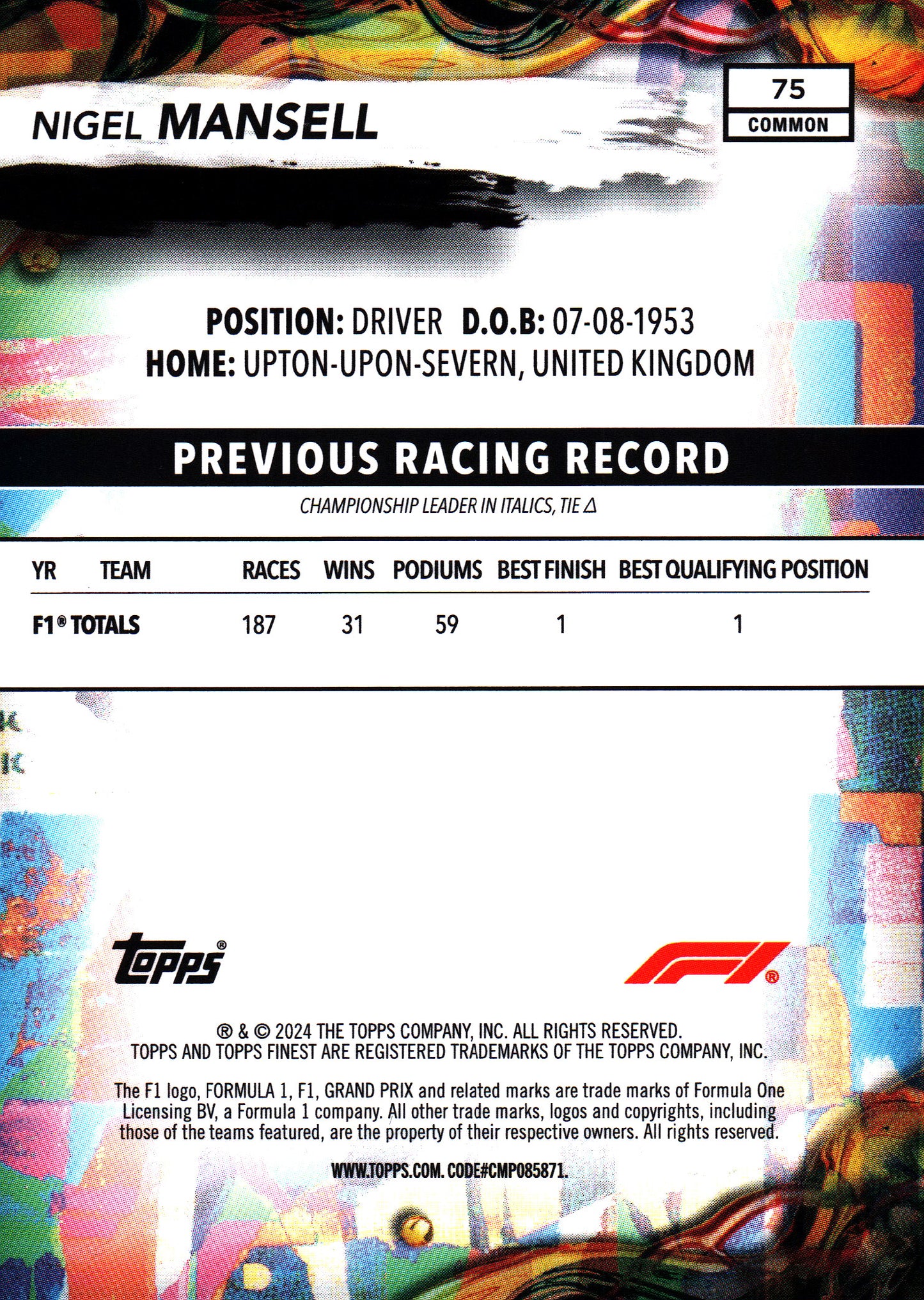 2024 Topps Finest Formula 1 Common Blue /200 Nigel Mansell #75 Williams