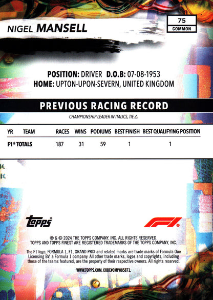 2024 Topps Finest Formula 1 Common Blue /200 Nigel Mansell #75 Williams