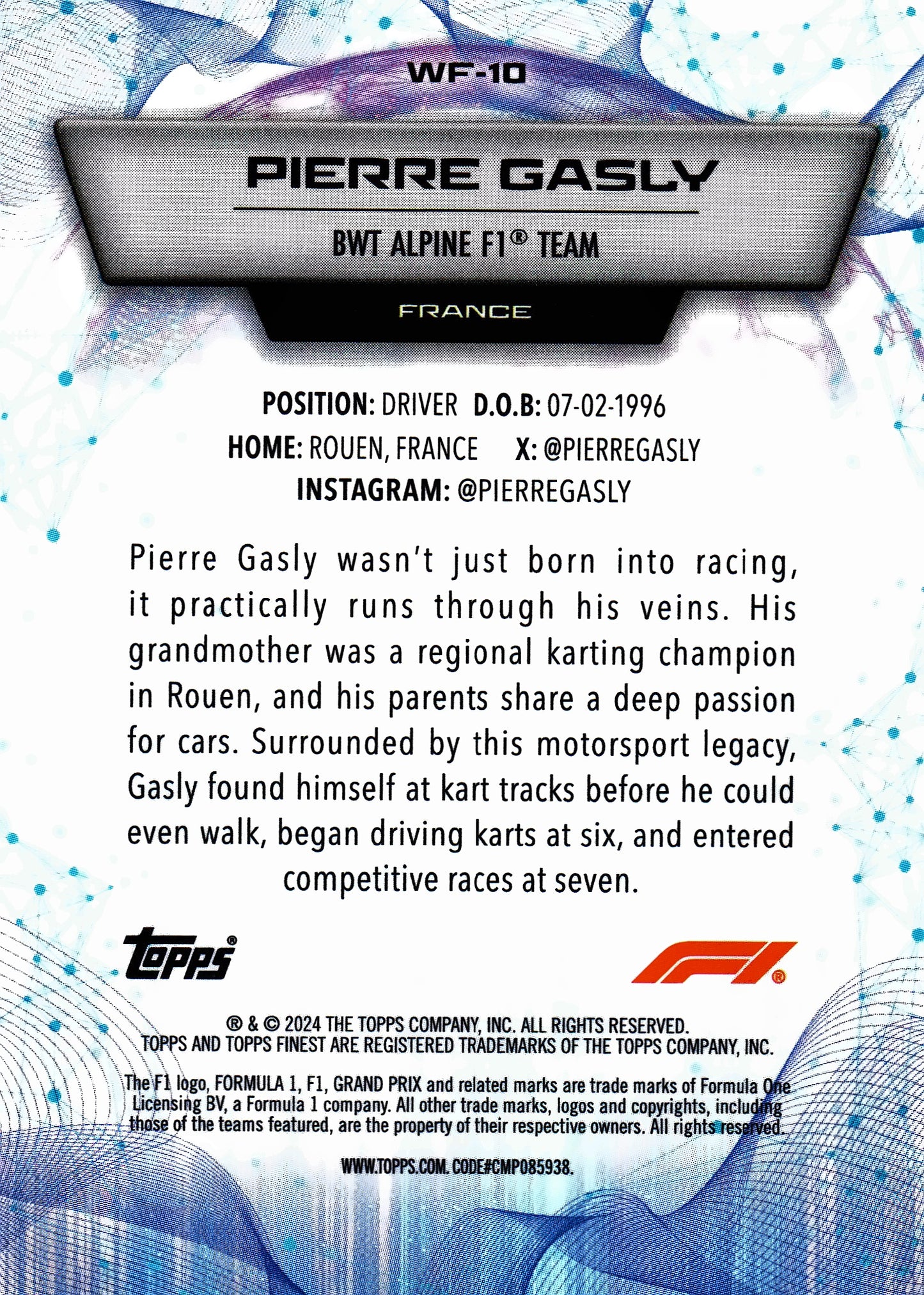 2024 Topps Finest Formula 1 World's Finest Gold /50 Pierre Gasly #WF-10 Alpine