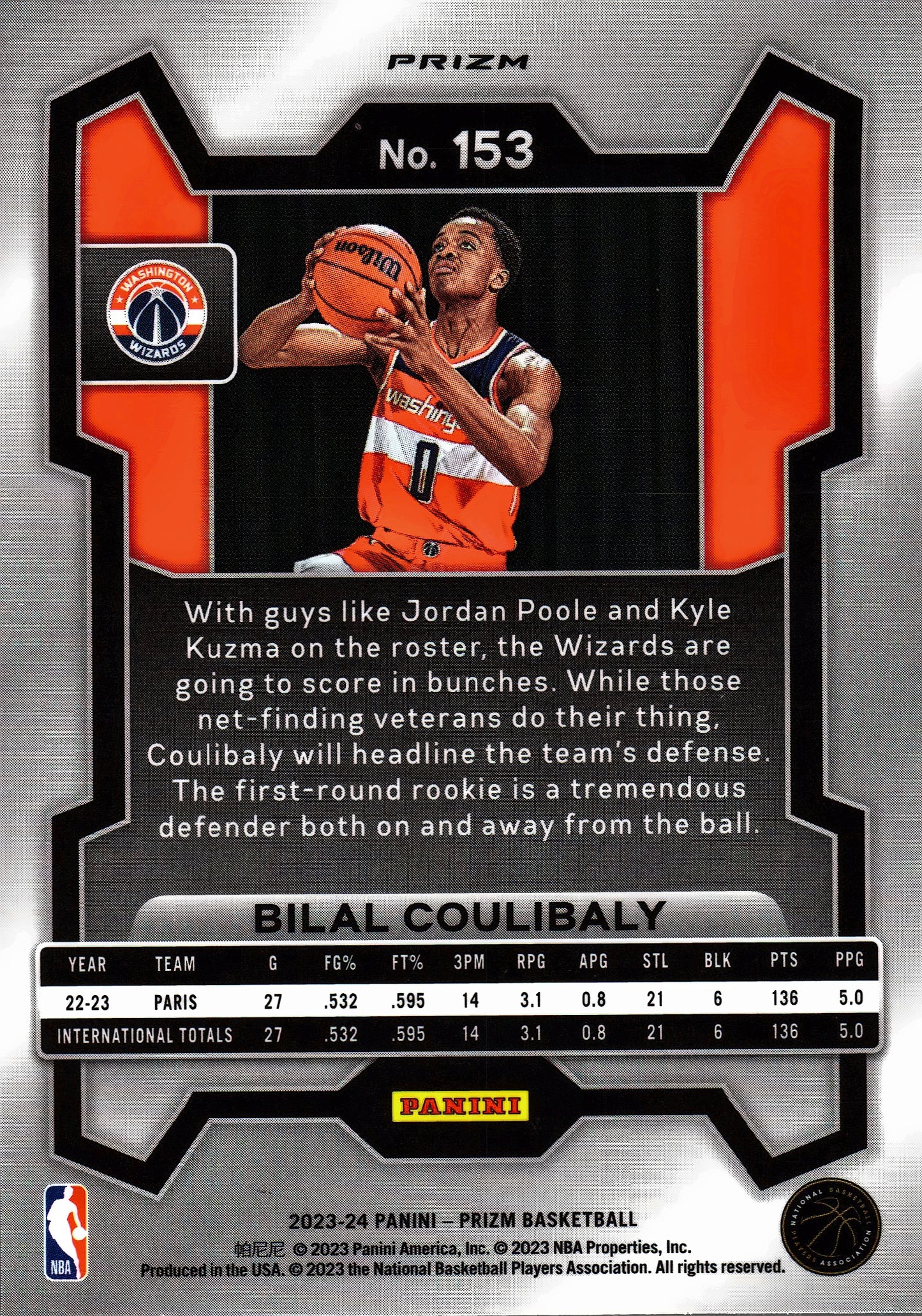 2023 Panini Prizm NBA Silver Bilal Coulibaly RC #153 Washington Wizards