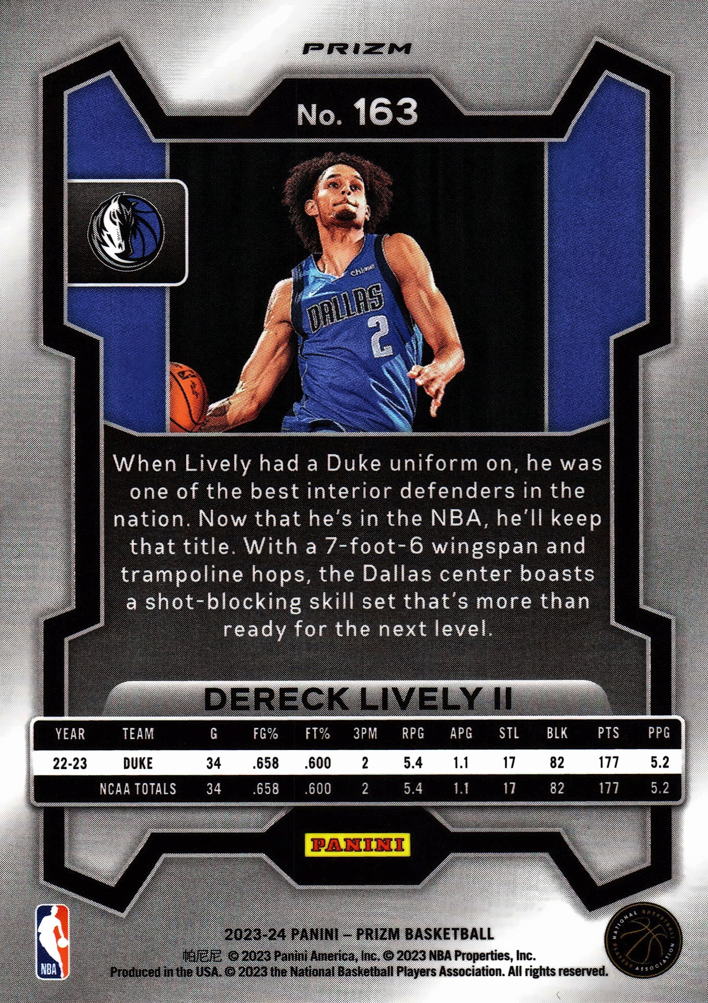 2023 Panini Prizm NBA Silver Dereck Lively II RC #163 Dallas Mavericks