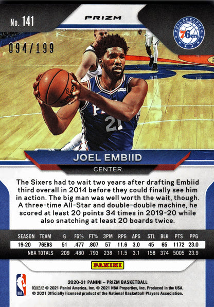 2020 Panini Prizm NBA True Blue Prizm /199 Joel Embiid #141 Philadelphia 76ers