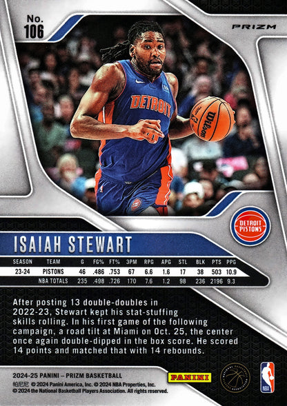 2024 Panini Prizm Silver Isaiah Stewart #106 Detroit Pistons