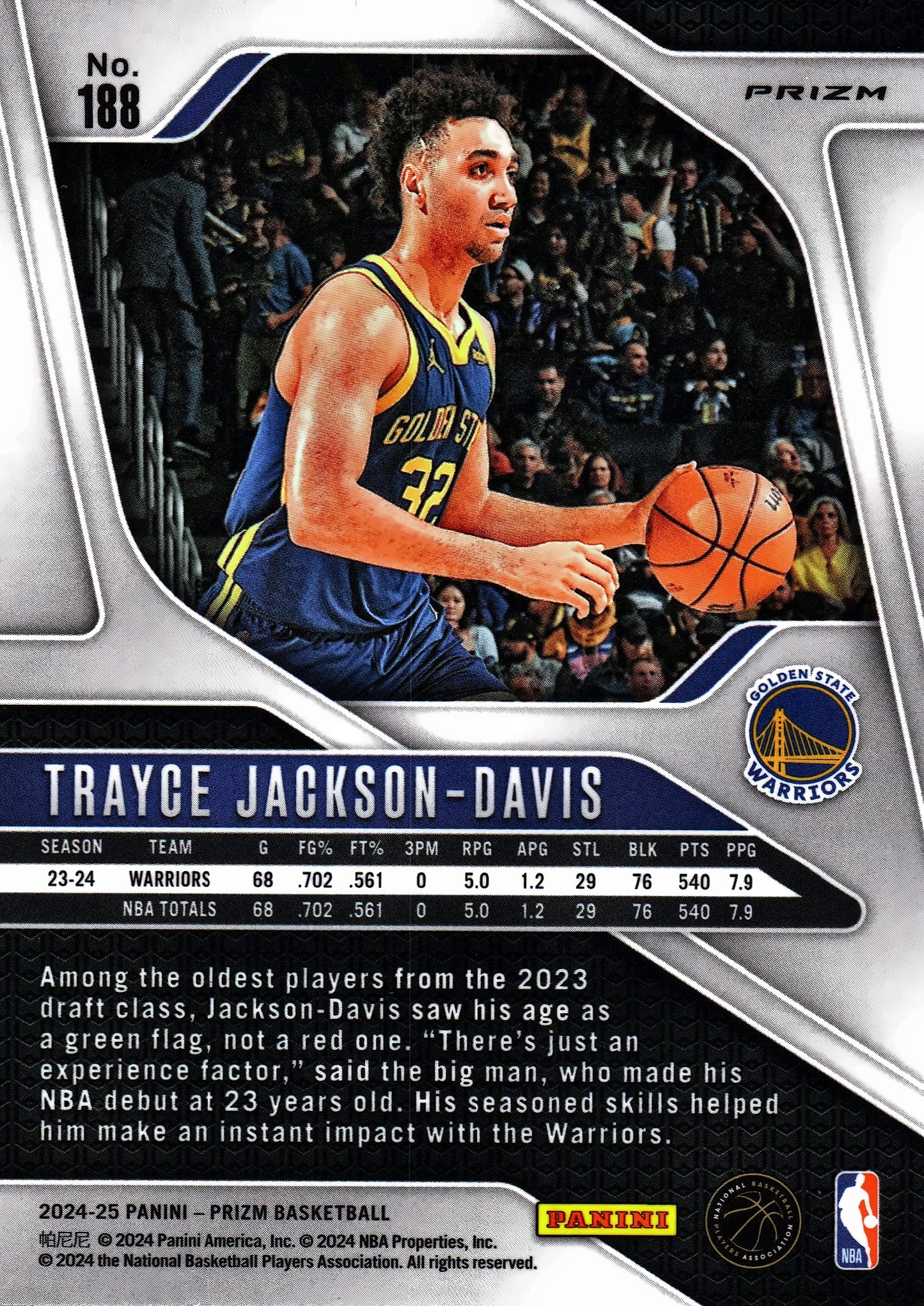 2024 Panini Prizm Silver Trayce Jackson-Davis #188 Golden State Warriors