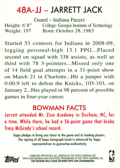 2009 Bowman NBA Jarrett Jack Autograph #48A-JJ Indiana Pacers